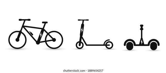 Erectro device icons: electric bike, electric scooter, electric skateboard. Wheel devices for sports. Black icons on a white background.