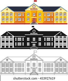 erent kind school building isolated on white background in flat style: colored, black silhouette and contour. Vector illustration.