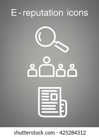E-reputation services icons: analysis, social media reputation, press release. Flat design vector signs.