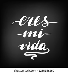 Eres mi vida, vector hand lettering. Translation from Spanish of phrase You are my life. Chalkboard blackboard lettering writing handwritten text, chalk on a blackboard, vector illustration.