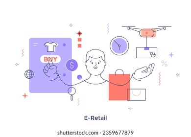  E-Retail concept color vector illustration. Selling goods via internet stores. Online platforms for sellers cartoon composition for web design. Creative idea for website, poster, presentation