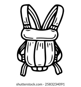 Ergo backpack for carrying a baby on yourself. Hand drawn doodle. Reducing the load on the lower back of the mother of a newborn. Item for a small child. Childhood. Vector line art illustration.