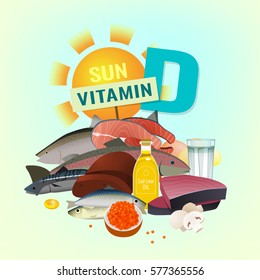 Ergocalciferol in food. Top foods rich with antirachitic vitamin D. Beautiful vector illustration with different products and a letter on a light background. 