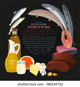Ergocalciferol in food. Top foods rich with antirachitic vitamin D. Beautiful vector illustration with different products on a dark background. Banner or flyer template with place for your text.