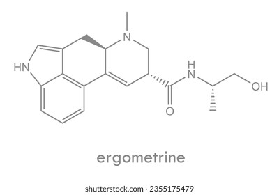 Ergometrine structure. Molecule of alkaloid used in obstetrics. Precursor of LSD.
