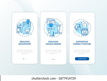 Ergonomic design benefits onboarding mobile app page screen with concepts. Reducing problems, human failures walkthrough 3 steps graphic instructions. UI vector template with RGB color illustrations