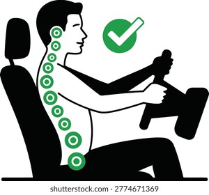 Ergonomic design showing proper sitting posture for drivers focusing on spinal health and body alignment during long automotive commutes