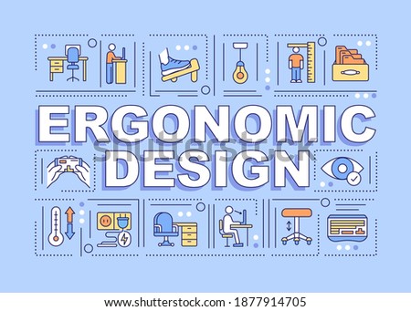 Ergonomic design word concepts banner. Product creation for better usability. Infographics with linear icons on blue background. Isolated typography. Vector outline RGB color illustration
