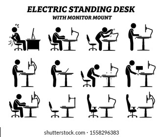 Ergonomic electric standing desk table with monitor mount. Stick figure pictogram icons depict man or a person using standing desk with adjustable height for office work at his computer workstation. 