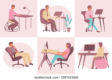 Ergonomic furniture flat compositions set with men and women working while sitting on comfortable modern chairs isolated vector illustration