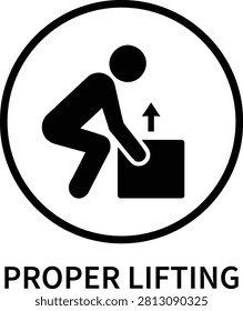 Ergonomic lifting guide symbol in circular frame. Black silhouette illustrating safe manual handling procedures.