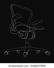 Ergonomic office chair in black and white line art, featuring a sleek modern design with curved backrest, padded armrests, and four swivel wheels. The neutral fabric seat rests on a sturdy metal.