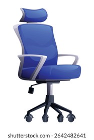 Ergonomic office chair with headrest and wheels, designed for comfort and productivity. Vector cartoon illustration
