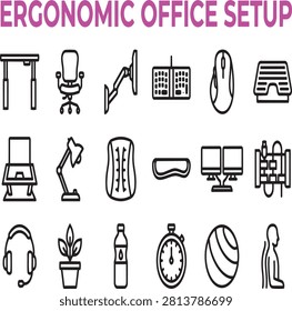 Ergonomic office setup and workspace health equipment icons with ergonomic workspace furniture keyboard wellness equipment adjustable backrest headphones stopwatch productivity corporate