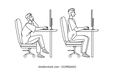 In Ergonomic Posture Sit Man At Computer Black Line Pencil Drawing Vector. Worker Guy Sitting In Ergonomic Posture At Screen Workplace. Character In Correct Pose Working At Workspace Illustration