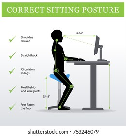 ergonomic. Saddle sitting chair and Height adjustable desk or table sitting and standing pose of a man. Healthy sitting pose