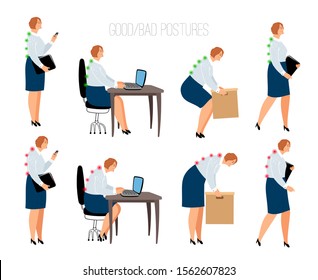 Ergonomic woman postures. Female correct and wrong position at work desk and box lifting, sitting and standing vector illustration with women models