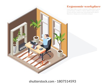 Ergonomic workplace composition with person sitting at desk in light and cosy study 3d isometric vector illustration