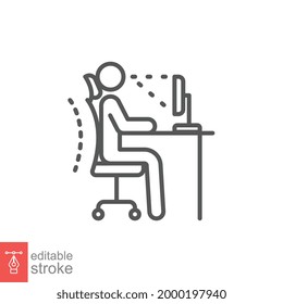 Ergonomic workplace icon. Computer desk workstation infographic correct postures office syndrome of back body position for spine, neck care, eye sight . Editable stroke Vector illustration. EPS 10