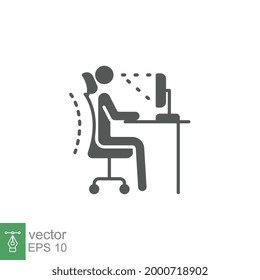 Ergonomic workplace icon. Computer desk workstation infographic. correct postures office syndrome of back body position for spine, neck care, eye sight. Solid, Glyph style. Vector illustration. EPS 10