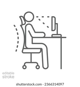 Ergonomisches Arbeitsplatzsymbol. Computerarbeitsplatz-Infografik korrektes Postings-Office-Syndrom der Rückenkörperposition für Wirbelsäule, Nackenpflege, Augensicht . Bearbeitbarer Strich Vektor Illustration. EPS10