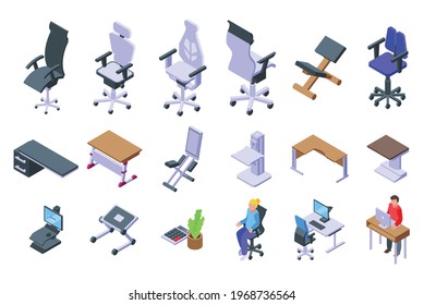 Ergonomic workplace icons set. Isometric set of ergonomic workplace vector icons for web design isolated on white background