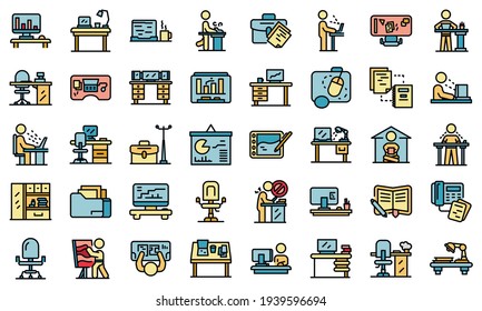 Ergonomic workplace icons set. Outline set of ergonomic workplace vector icons thin line color flat on white