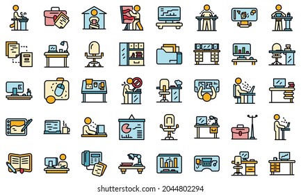 Ergonomic workplace icons set. Outline set of ergonomic workplace vector icons thin line color flat isolated on white