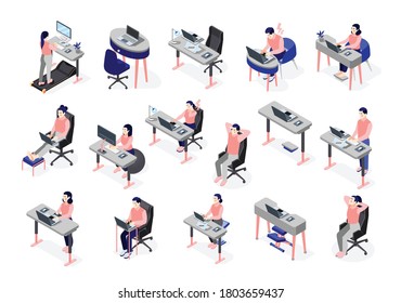 Ergonomic workplace isometric recolor set sitting and standing people working with computers and office equipment isolated vector illustration