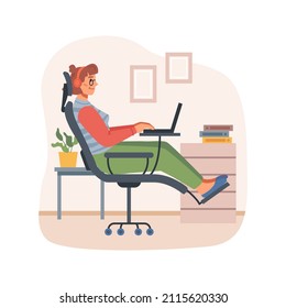 Ergonomic workspace at home or office, woman sitting in adjustable chair with table for laptop. Vector freelancer or employee with comfortable devices and furniture. Flat cartoon style character