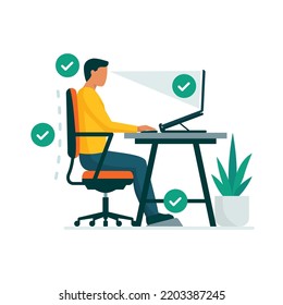 The correct position posture when working at the computer. A man sits at a  table with a monitor. Spinal curvature. Good posture. Healthy back.  Isolated vector illustration 8424349 Vector Art at Vecteezy