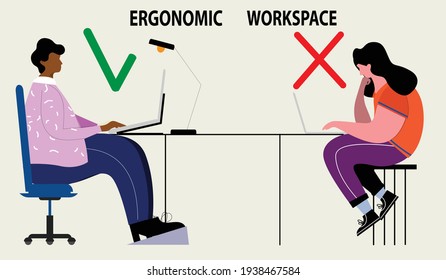 Ergonomic workspace: sitting at desk with proper posture and office equipment
