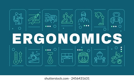 Concepto de palabra azul ergonómico. Seguridad en el Producto, confort. Bienestar de los empleados, postura correcta. Imagen Horizontal del Vector. Texto de título rodeado de iconos de esquema editables