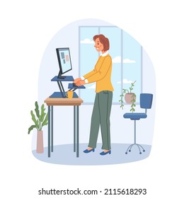 Ergonomics and comfortable space at home or office, quality furniture for employees. Vector adjustable desk and chair. Woman standing and typing, relief for spine and back. Flat cartoon character