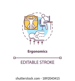 Ergonomics concept icon. Body anatomy. Physical health. Comfortable workplace. Head on pillow. Kinesiology idea thin line illustration. Vector isolated outline RGB color drawing. Editable stroke