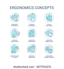 Juego de iconos de concepto ergonómico. Ilustraciones de color RGB de línea delgada para ideas en el lugar de trabajo seguras. Postura correcta. Accesibilidad al almacenamiento. Expectativas culturales. Dibujos de contorno aislados por vectores. Trazo editable