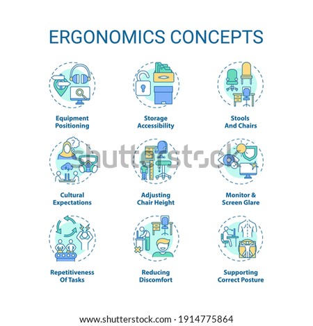Ergonomics concept icons set. Safe and healthful workplace idea thin line RGB color illustrations. Reducing discomfort. Equipment positioning. Vector isolated outline drawings. Editable stroke