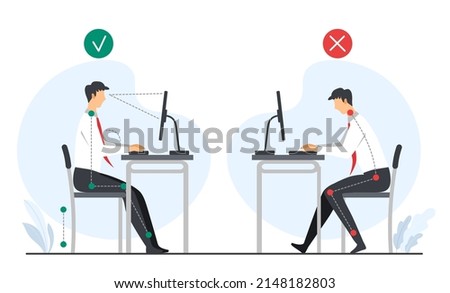 Ergonomics infographic concept. Employee in correct and incorrect posture at computer, posture training, health care. Memo for office workers, medical cards. Cartoon flat vector illustration