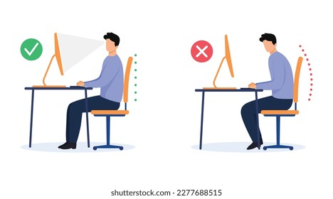 Ergonomics - Man silhouette of correct and incorrect sitting posture when using a computer. Medical infographics with spine sitting correctly on a chair. Vector illustration.