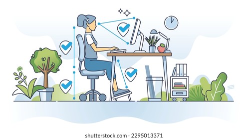 Ergonomía para el trabajo a distancia y el concepto correcto del contorno de la postura sentada. Soporte de respaldo y posición de la columna vertebral desde la ilustración vectorial de altura de la silla. Trabajar desde casa en un espacio de trabajo cómodo y saludable.