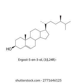Ergost-5-en-3-ol (3β,24R) skeletal structure. sterol compound schematic illustration. Simple diagram, chemical formula.