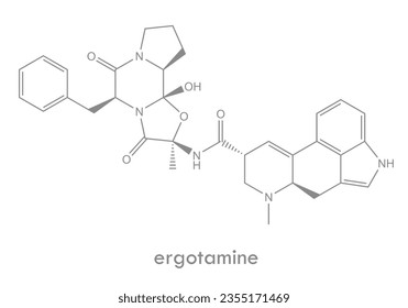 Ergotamine structure. Molecule of alkaloid used in acute migraine attacks.