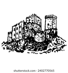 Erice, Sicily. Ruins of ancient castle. Hand drawn linear doodle rough sketch. Black and white silhouette.