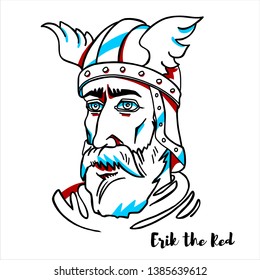 Erik the Red engraved vector portrait with ink contours. Norse explorer, remembered in medieval and Icelandic saga sources as having founded the first settlement in Greenland.