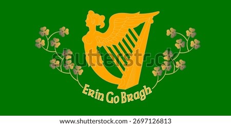Erin Go Bragh flag with green background and gold harp. Represents Irish nationalism, cultural pride, and historical identity of Ireland.