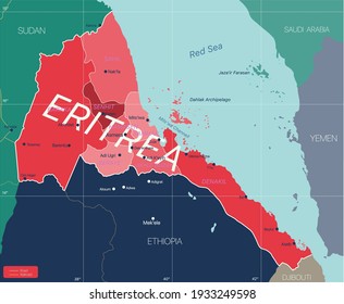 Mapa editable detallado de Eritrea con las regiones, ciudades, carreteras y ferrocarriles, lugares geográficos. Archivo EPS-10 del vector