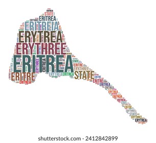 El país de Eritrea da forma a la nube de palabras. Ilustración de país estilo tipografía. Imagen de Eritrea en el estilo de nube de texto. Ilustración vectorial.
