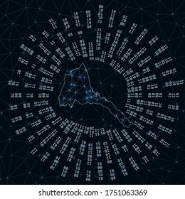 Eritrea digital map. Binary rays radiating around glowing country. Internet connections and data exchange design. Vector illustration.