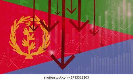 Colapso económico de Eritrea, valores crecientes con cubos, declive financiero, crisis y concepto de rebaja, bandera de Eritrea con flecha ascendente, símbolo del dólar USD, falla y disminuye