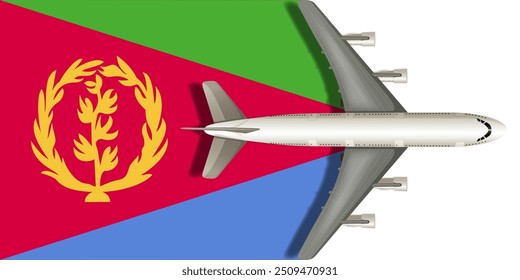 ERITREA flag with airplane flying over it close up. Vector image.